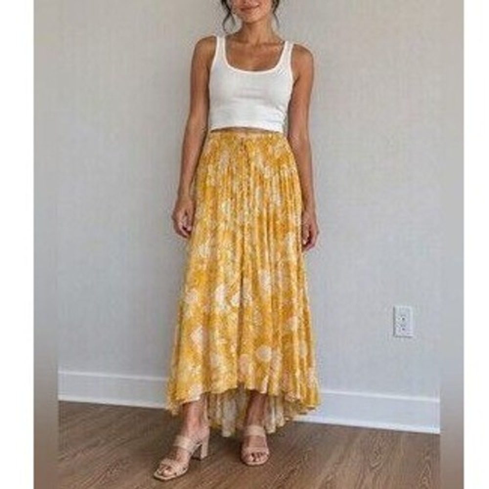 Rachel Zoe Tropical Floral Palm Maxi Skirt Women Size S Yellow High Low Boho